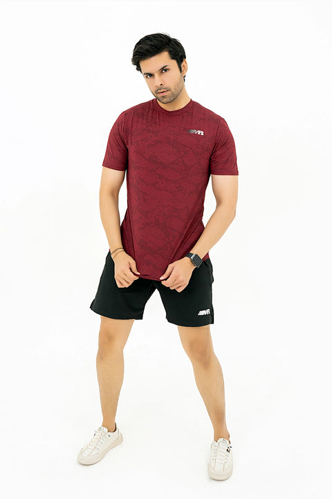 M - Printed Mesh Lycra T-Shirt - Maroon