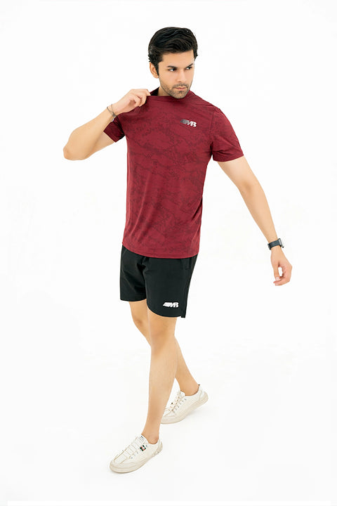 M - Printed Mesh Lycra T-Shirt - Maroon
