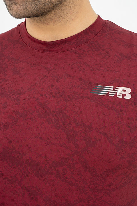 M - Printed Mesh Lycra T-Shirt - Maroon