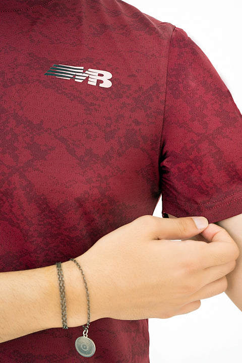 M - Printed Mesh Lycra T-Shirt - Maroon