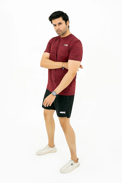 M - Printed Mesh Lycra T-Shirt - Maroon