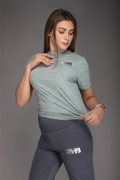 W - Printed Mesh Lycra T-Shirt - Pistachio Green